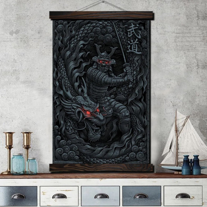 Japanese painting dragon and samurai