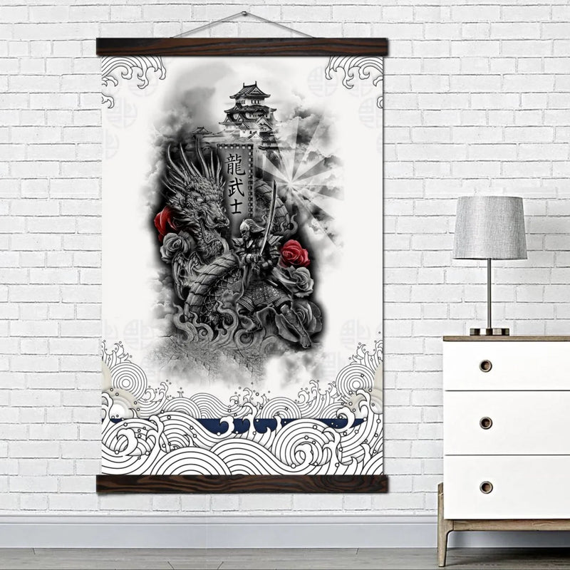 Japanese painting samurai against dragon