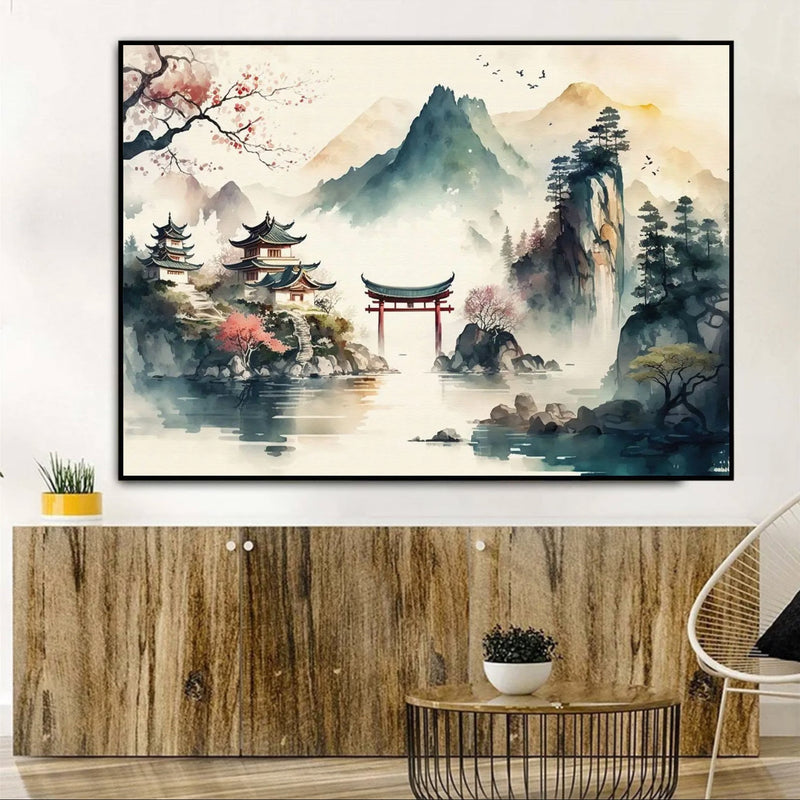 Japanese painting traditional landscape with Torii door