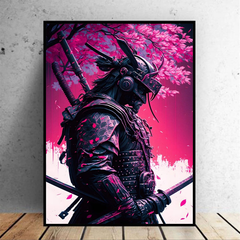 Japanese black samurai wall art and pink cherry trees