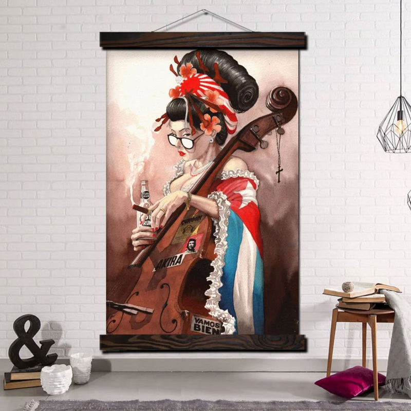 Japanese geisha wall art and double bass