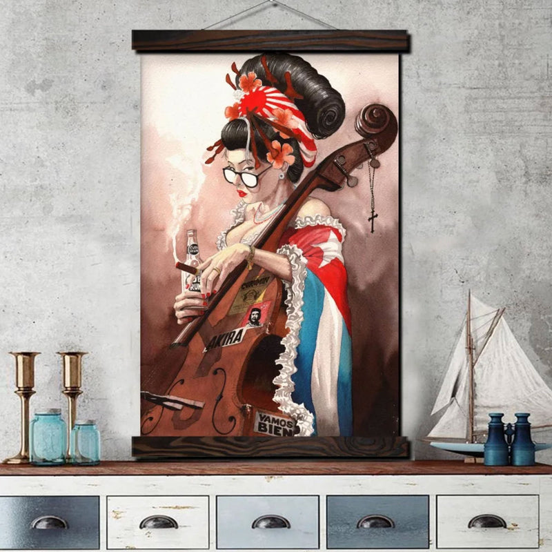 Japanese geisha wall art and double bass