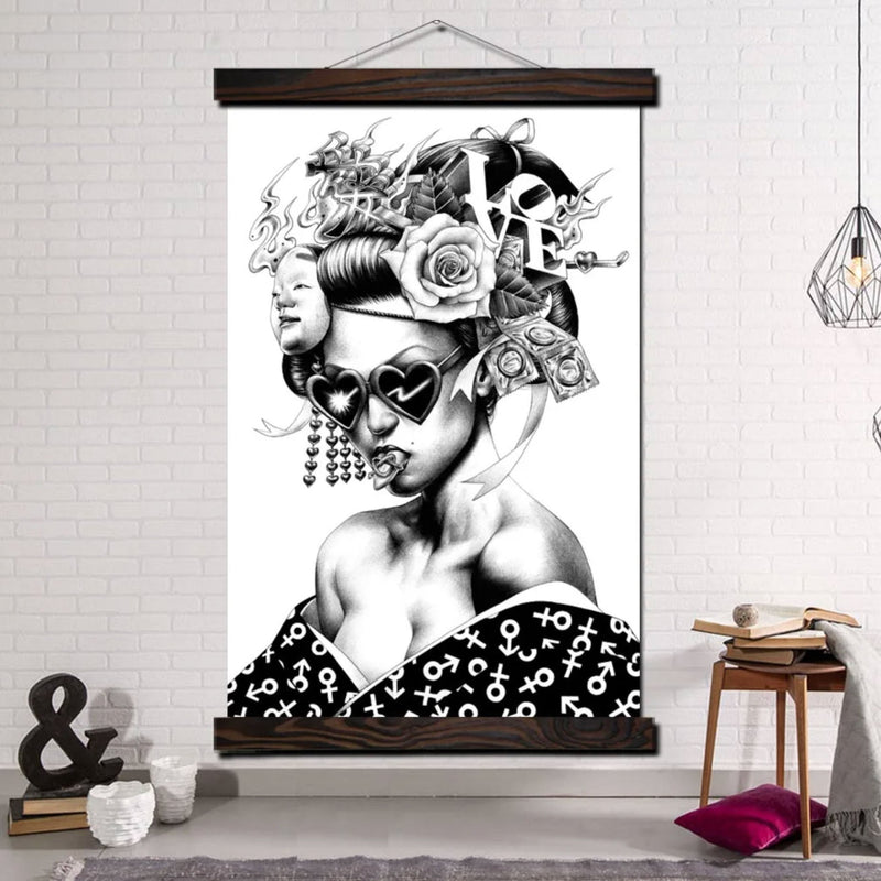 Japanese geisha wall art black and white