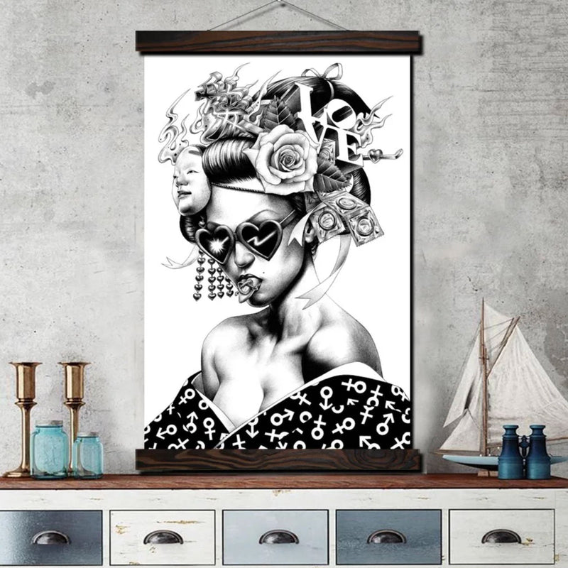 Japanese geisha wall art black and white