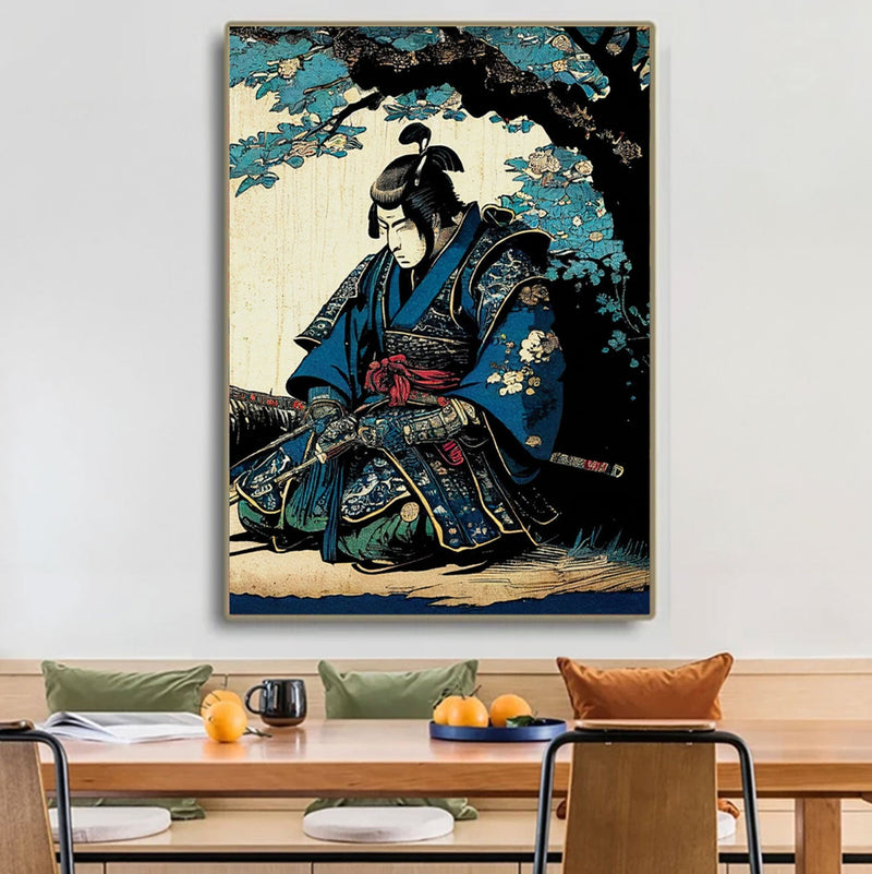 Japanese painting ancient samurai on knees