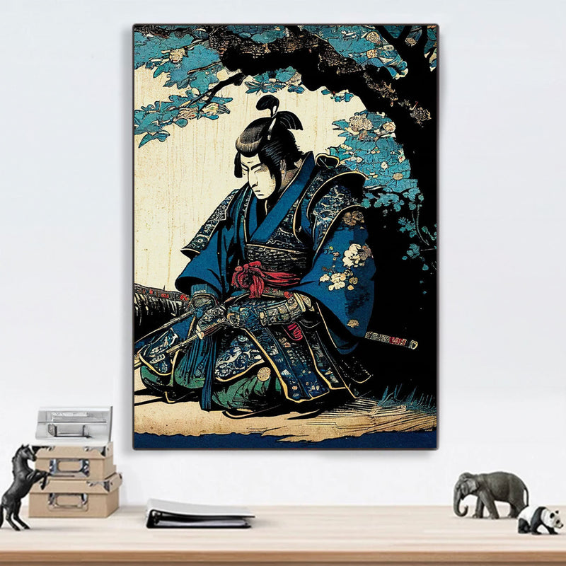 Japanese painting ancient samurai on knees