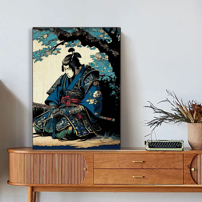 Japanese painting ancient samurai on knees