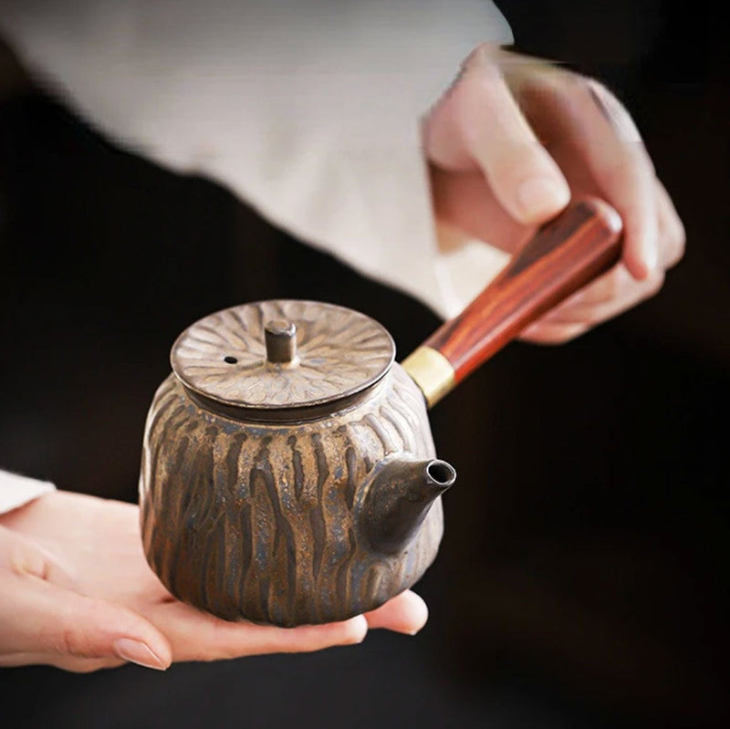 Grey kyusu Japanese teapot with wooden handle