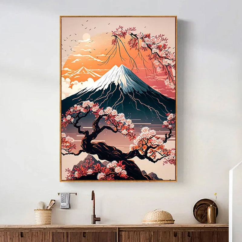 Japanese painting Mount Fuji at sunset