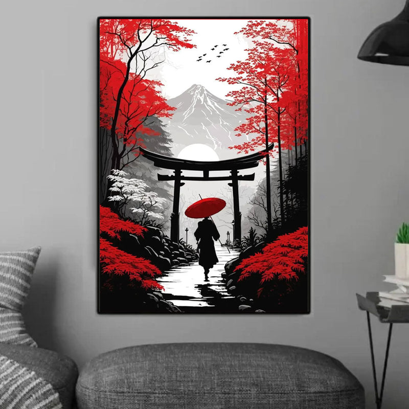 White and red Japanese wall art with Torii door