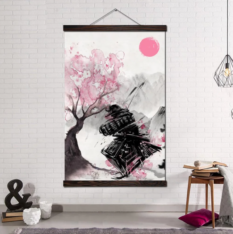 Japanese painting samurai and sakura