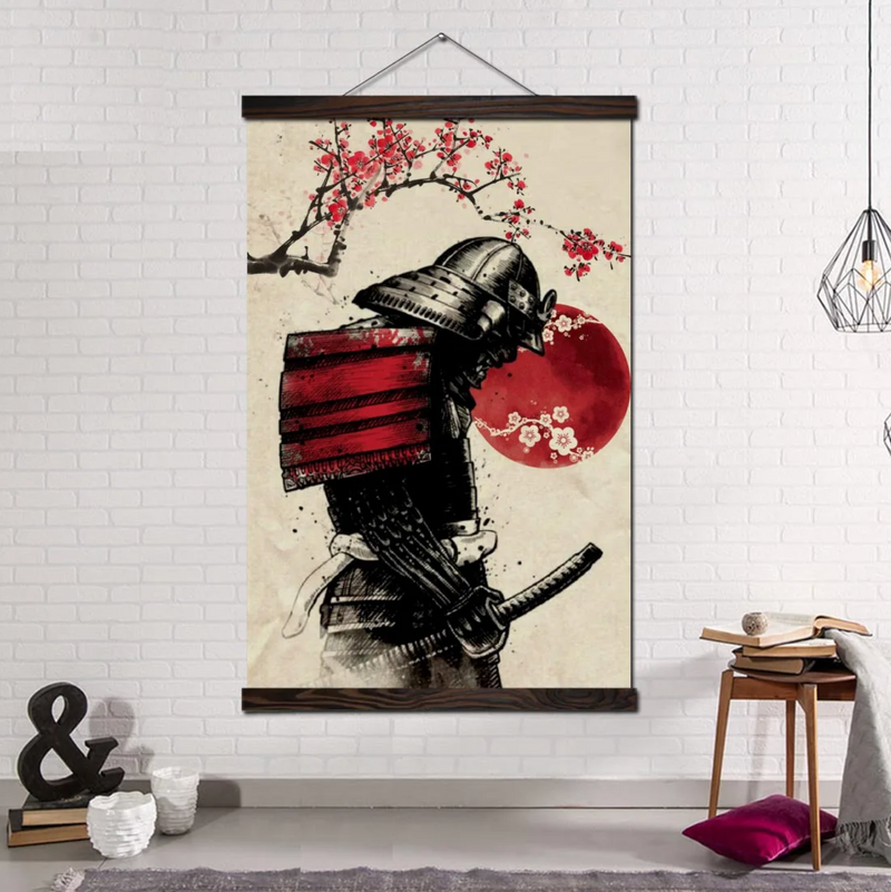 Japanese painting samurai and cherry