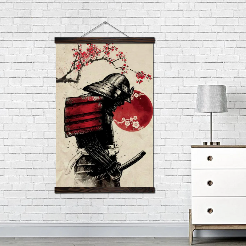 Japanese painting samurai and cherry