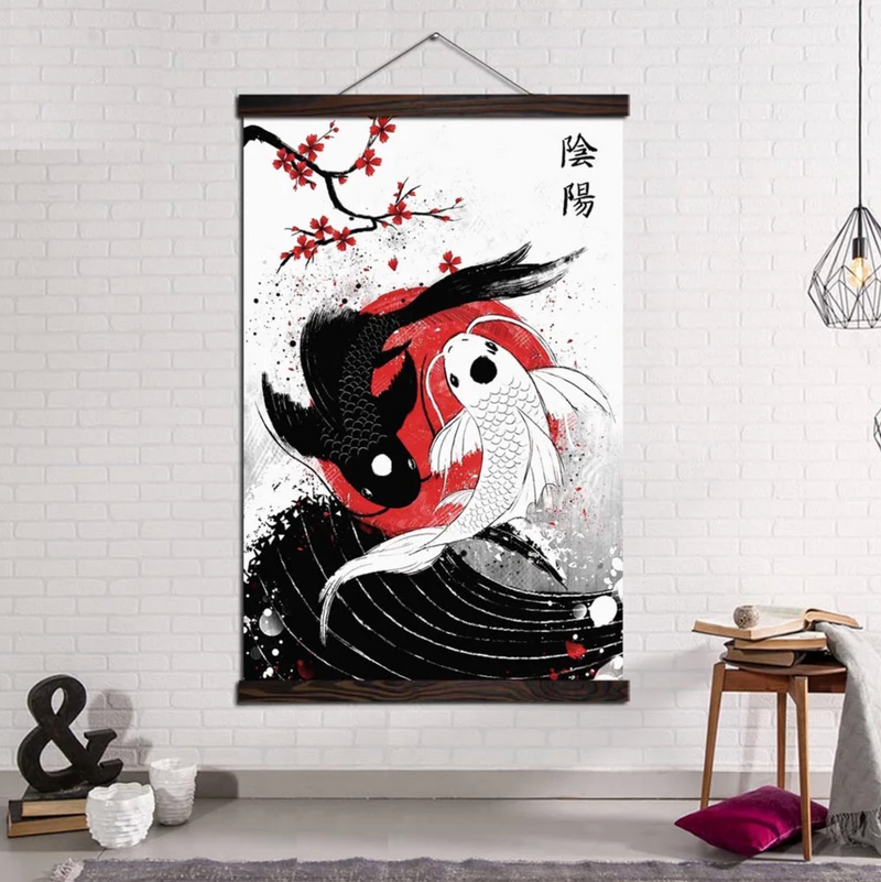 Japanese black and white carp wall art