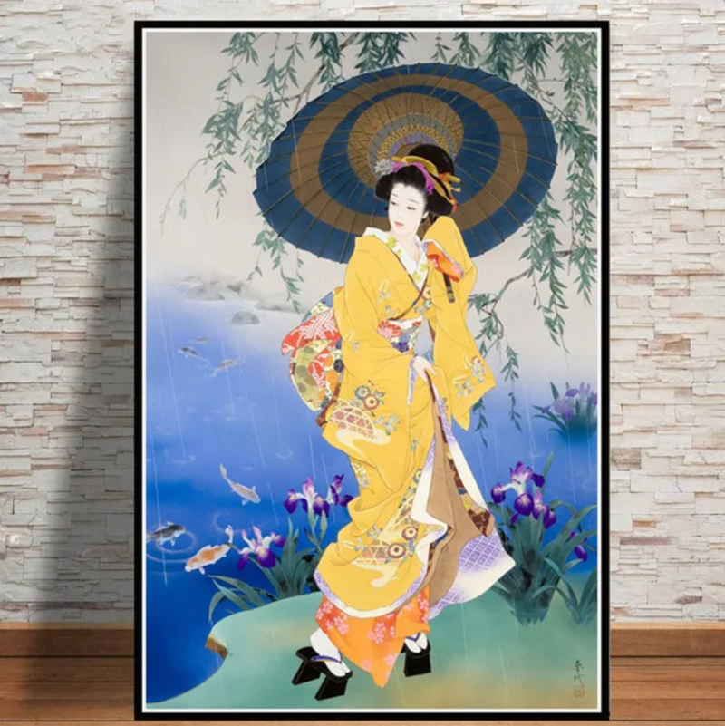 Japanese painting geisha rain