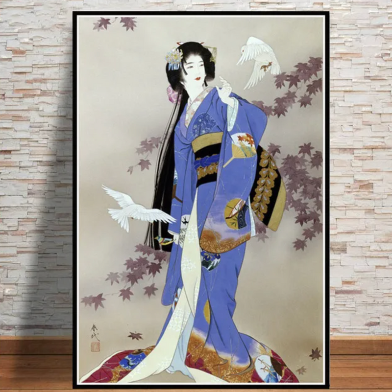 Japanese wall art geisha and doves