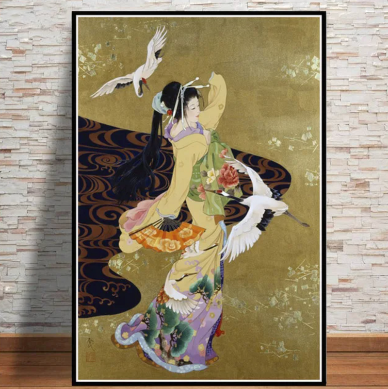 Japanese wall art geisha and cranes