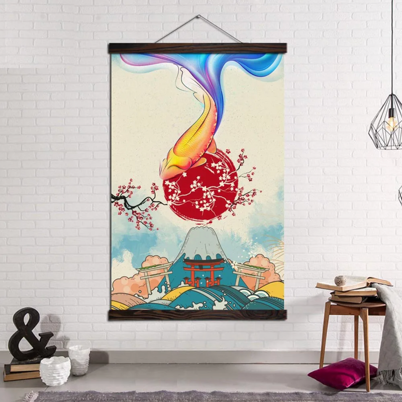 Japanese landscape and fish wall art