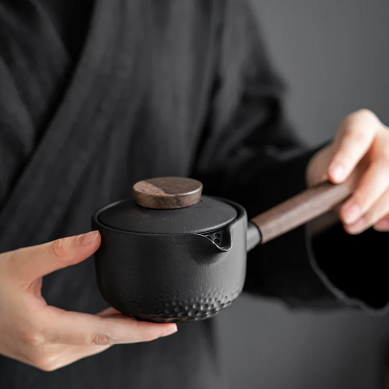 Japanese black kyusu teapot with wooden handle