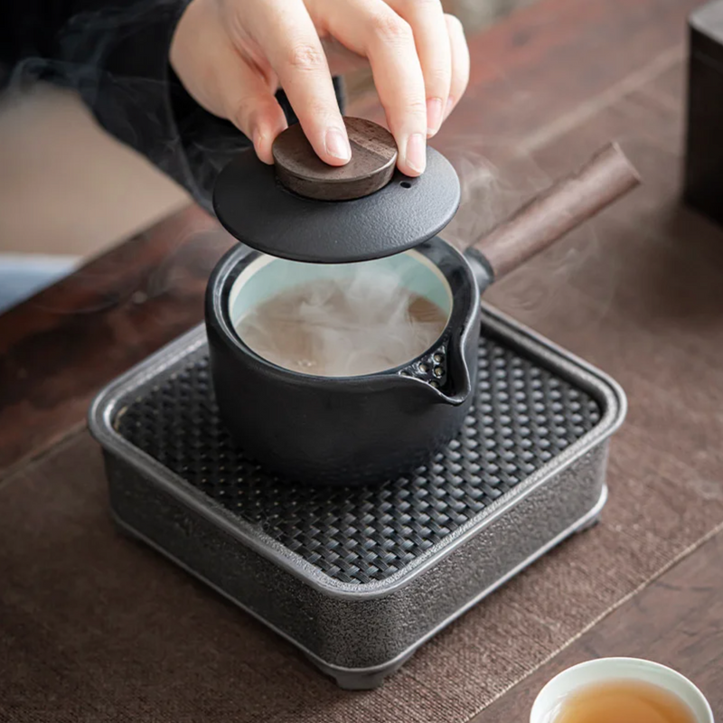 Japanese black kyusu teapot with wooden handle