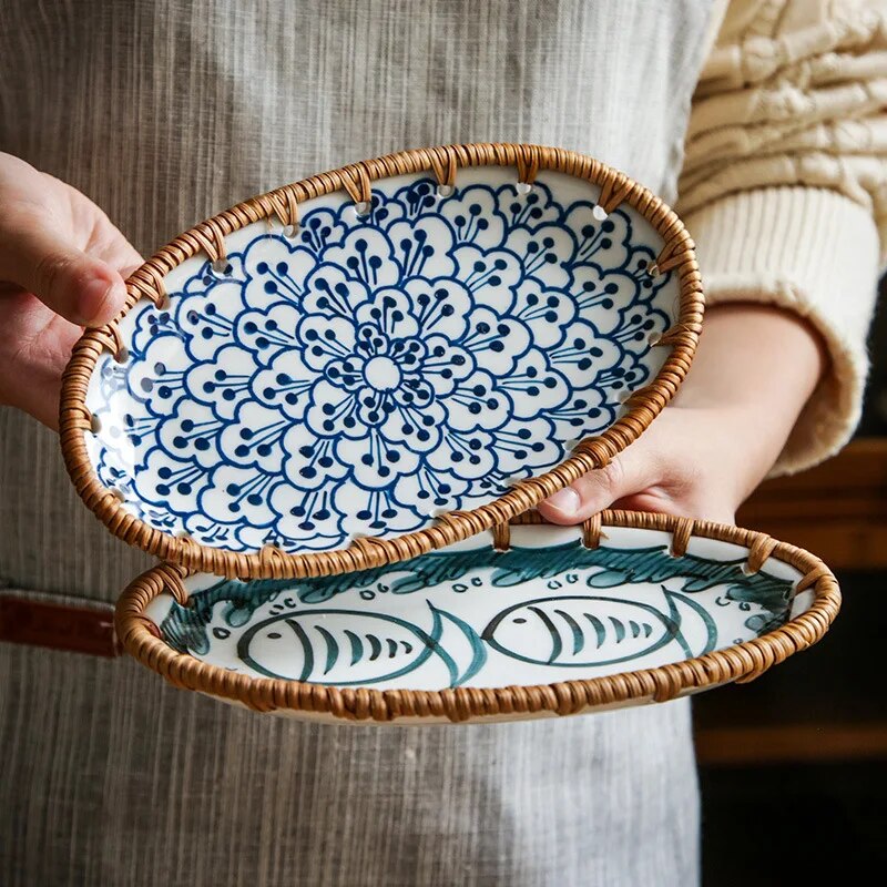 Japanese oval plate with braided rattan edges