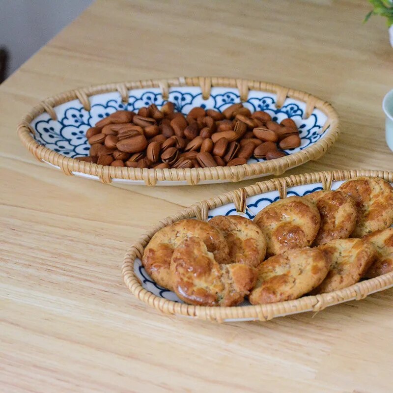 Japanese oval plate with braided rattan edges