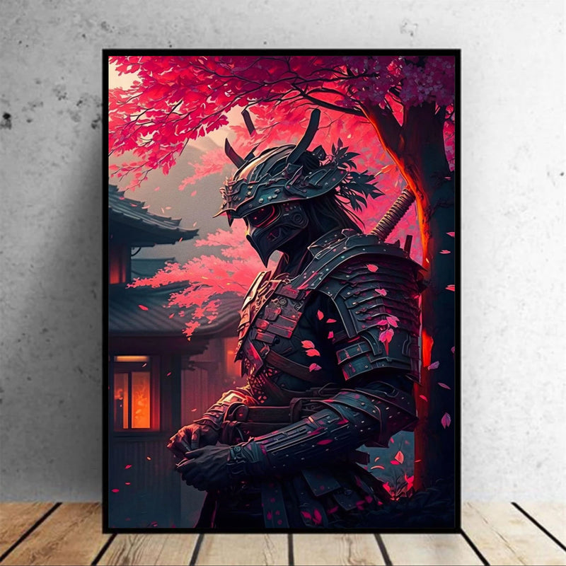 Japanese black samurai wall art and red cherry trees