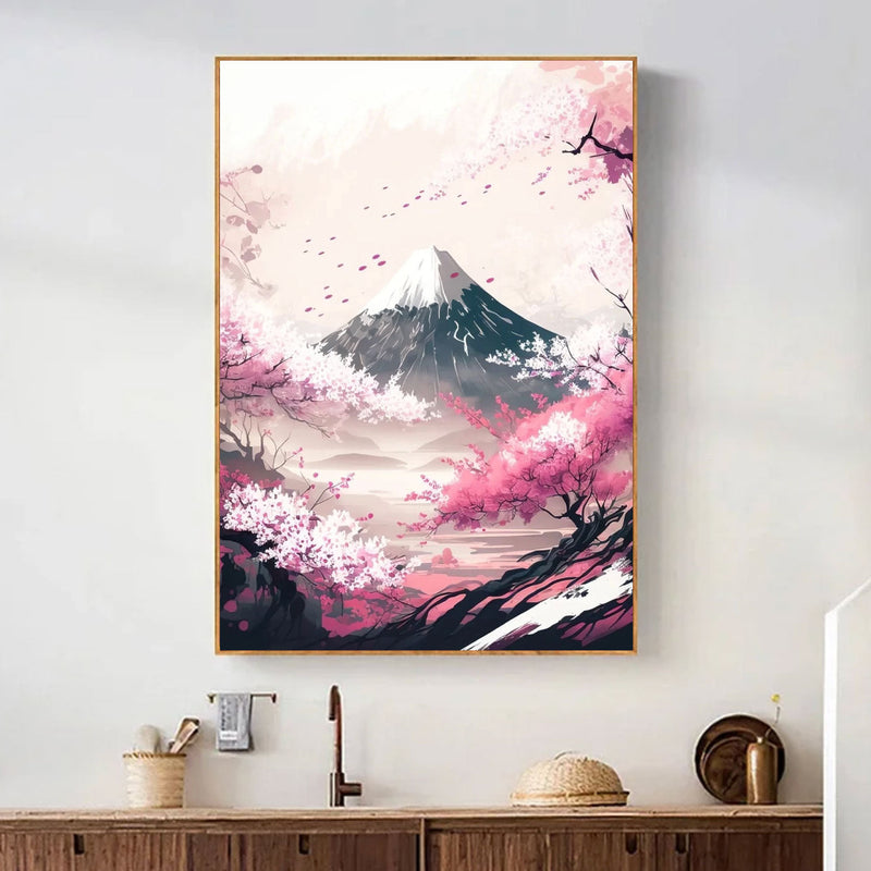 Japanese painting Mount Fuji surrounded by sakuras