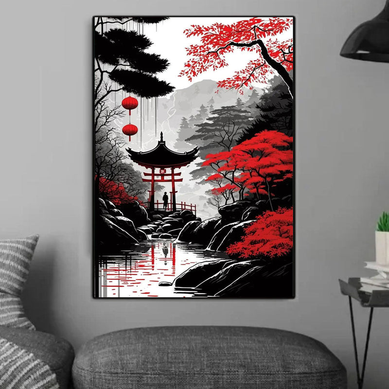 White and red Japanese painting with pagoda