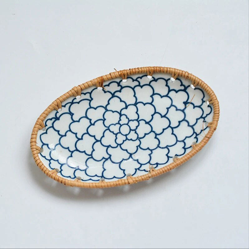 Japanese oval plate with braided rattan edges