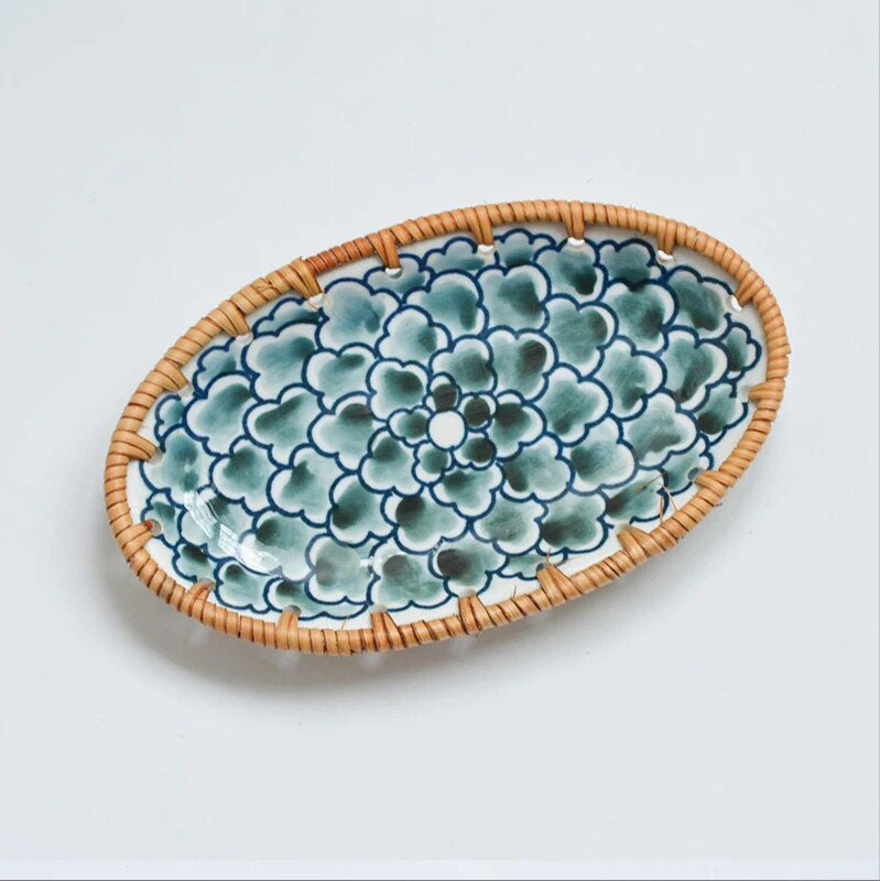 Japanese oval plate with braided rattan edges