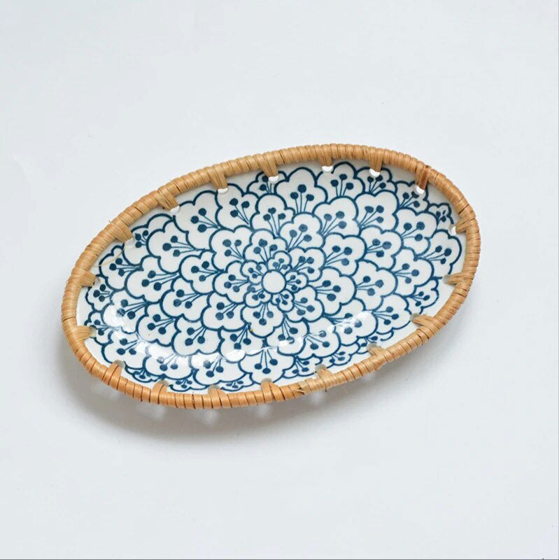 Japanese oval plate with braided rattan edges