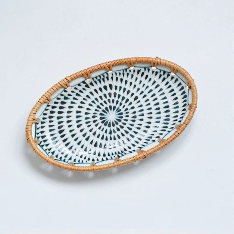 Japanese oval plate with braided rattan edges