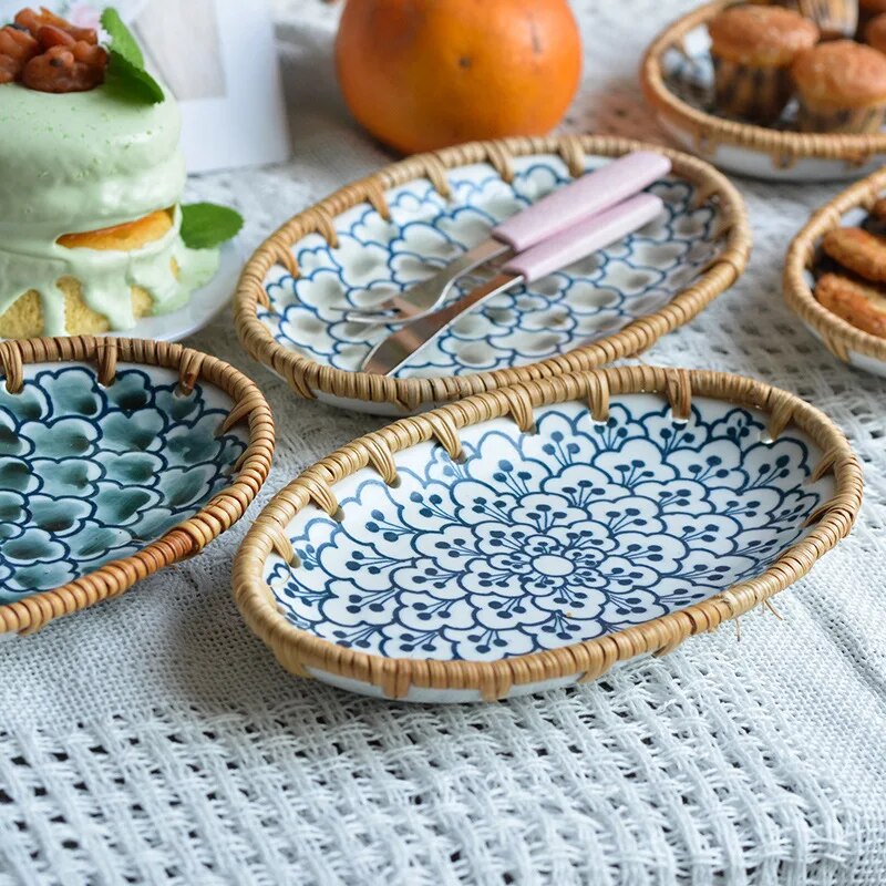 Japanese oval plate with braided rattan edges