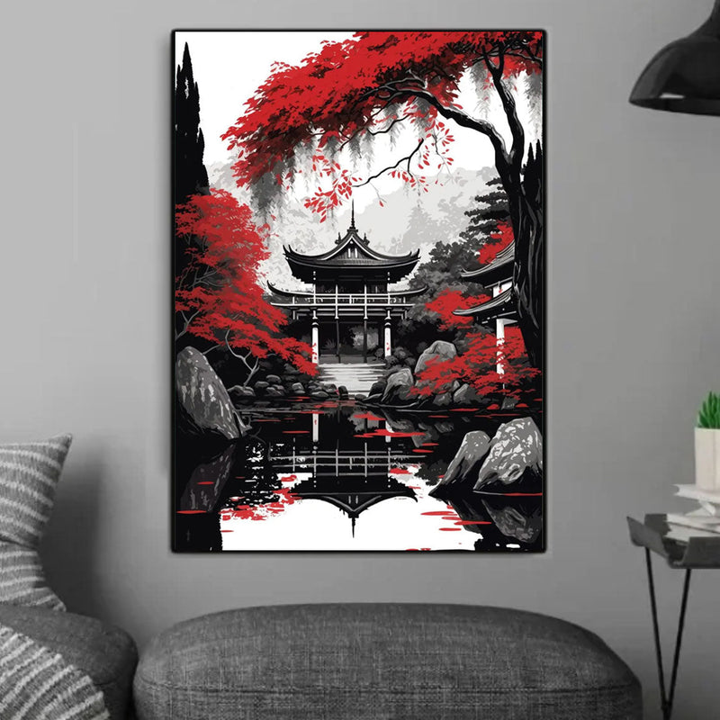 Japanese landscape painting with traditional monument