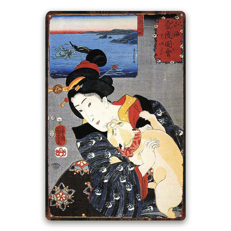 Japanese print woman and cat