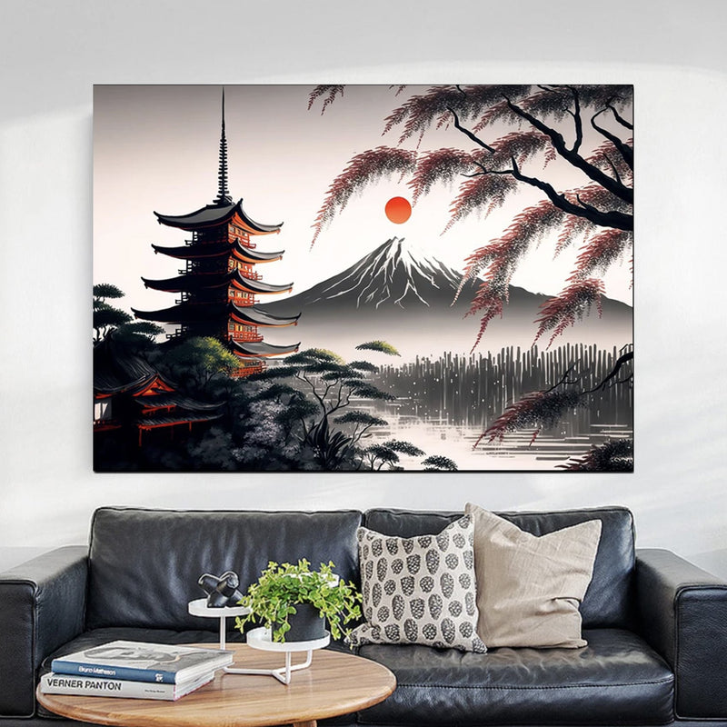 Japanese Painting Mount Fuji and Sun