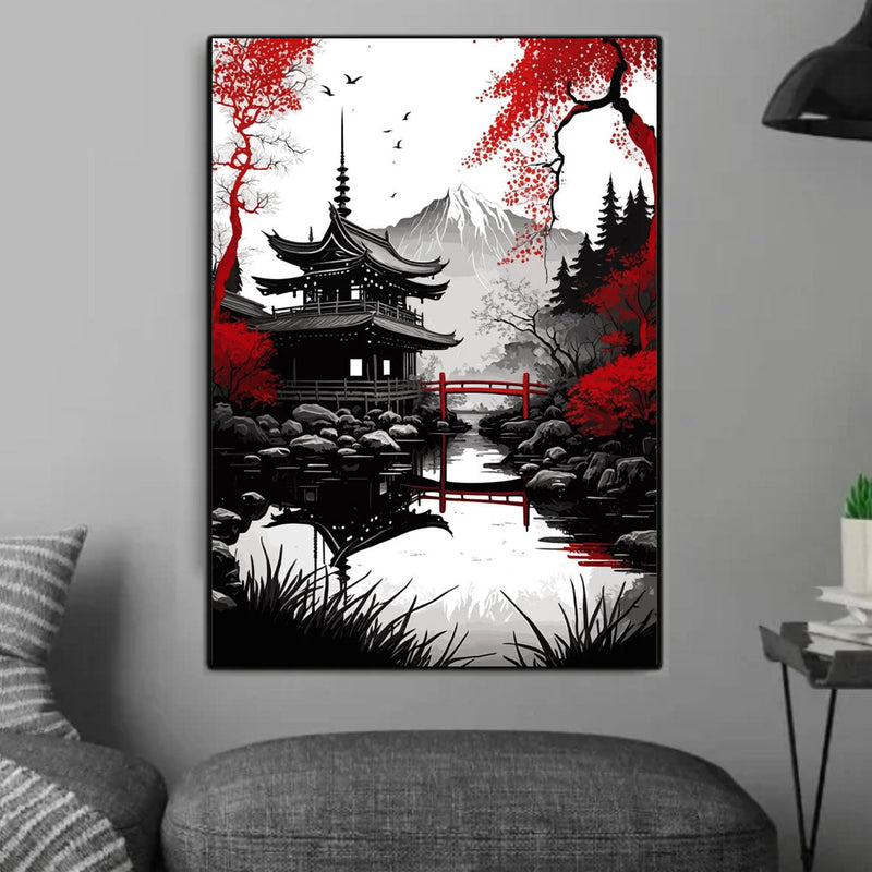 Japanese wall art pagoda and stream