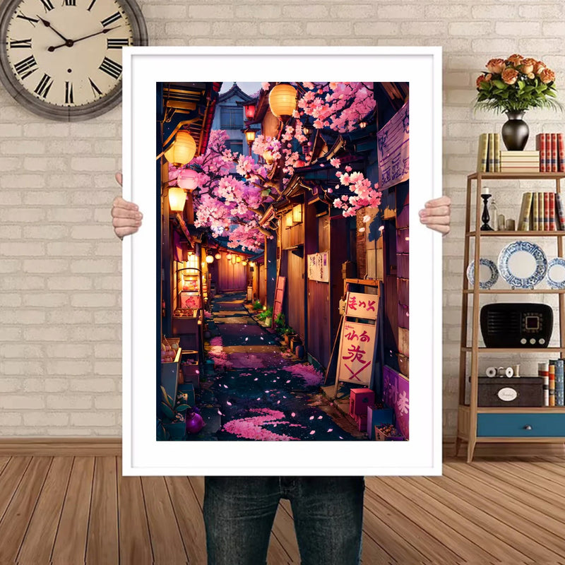 Japanese painting traditional street and sakuras flower