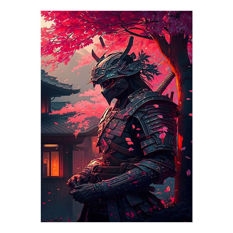 Japanese black samurai wall art and red cherry trees