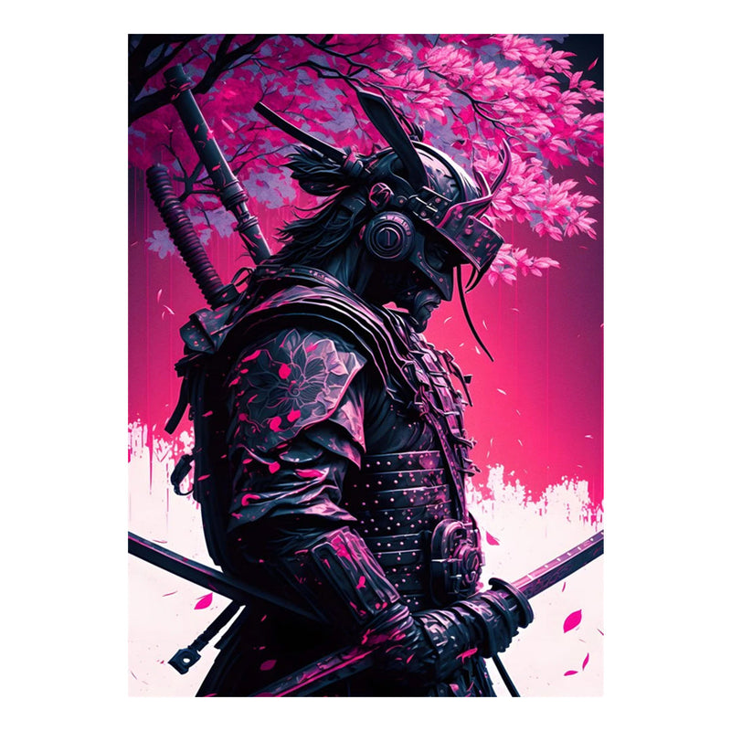 Japanese black samurai wall art and pink cherry trees