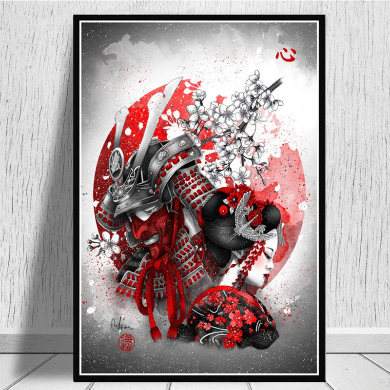 Japanese painting samurai and geisha