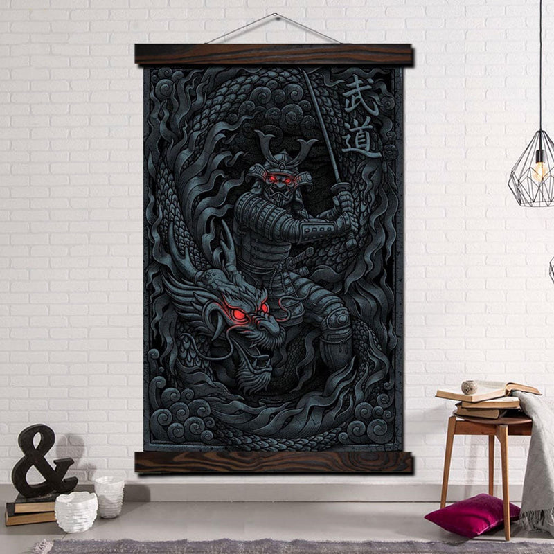 Japanese painting dragon and samurai