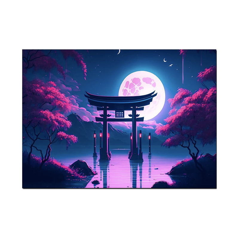 Japanese painting door full moon Tori