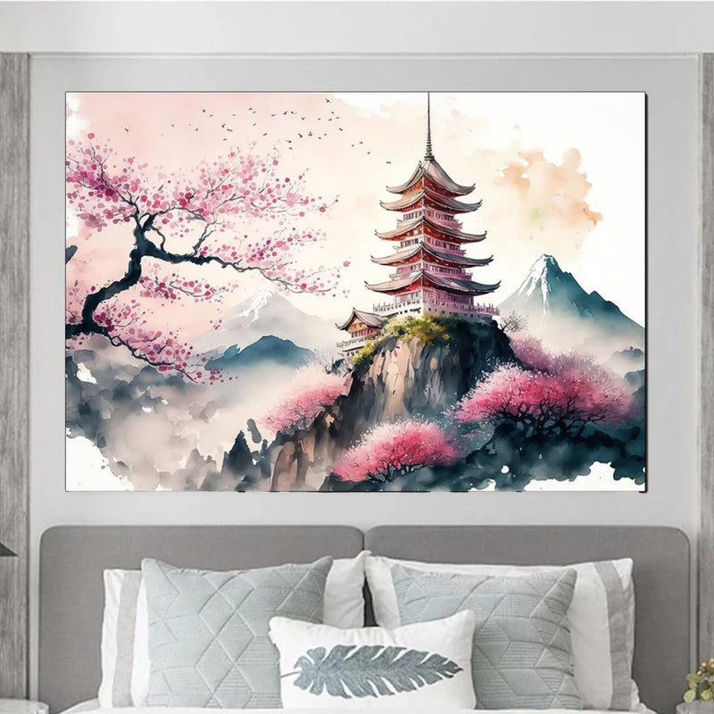 Japanese wall art pagoda and cherry