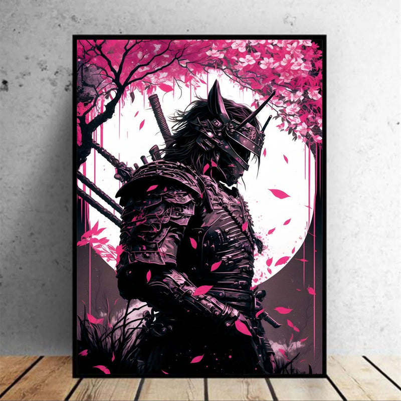 Japanese wall artau samurai black and sakuras