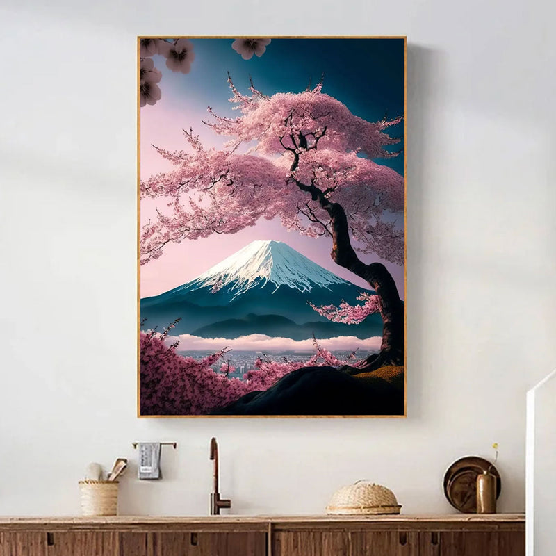 Japanese painting Mount Fuji with cherry blossom